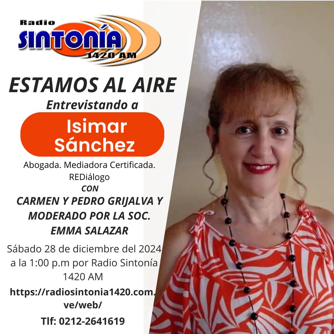 ecorina's tweet image. ¡Buenos días! ☀️😃🎙️ Invitados a escuchar por @Sintonia1420am HOY sáb 28 Dic 24  en "#EstamosalAire" a las Abogadas Isimar Sánchez, María Martinez y a Arlet Díaz, Juez de Paz.

Desde la 1pm por: radiosintonia1420.com.ve

Y participa con tus preguntas y comentarios ¡Chat en vivo!