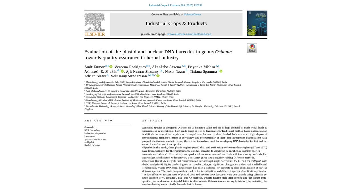 Sundaresan Velusamy (@resanvs) on Twitter photo Happily sharing our publication on "Ocimum DNA Barcoding" with DMU <a href="/DMUresearch/">DMU Research</a> <a href="/dmuleicester/">dmuleicester</a> collaboration <a href="/tiziana_sgamma/">Tiziana Sgamma</a> <a href="/NazarDmu/">Nazia</a> in @ELSenviron Industrial Crops & Products (IF: 5.6). Thanks <a href="/CSIR_IND/">CSIR, India</a> Raman Research Fellowship <a href="/CSIRCIMAP/">CSIR-CIMAP</a> <a href="/PrabodhTrivedi/">Prabodh Trivedi</a> <a href="/ProfAnilKumarT1/">Anil K Tripathi</a> Happily sharing our publication on "Ocimum DNA Barcoding" with DMU <a href="/DMUresearch/">DMU Research</a> <a href="/dmuleicester/">dmuleicester</a> collaboration <a href="/tiziana_sgamma/">Tiziana Sgamma</a> <a href="/NazarDmu/">Nazia</a> in @ELSenviron Industrial Crops & Products (IF: 5.6). Thanks <a href="/CSIR_IND/">CSIR, India</a> Raman Research Fellowship <a href="/CSIRCIMAP/">CSIR-CIMAP</a> <a href="/PrabodhTrivedi/">Prabodh Trivedi</a> <a href="/ProfAnilKumarT1/">Anil K Tripathi</a>