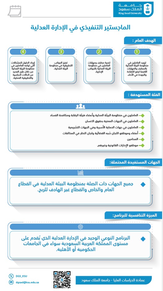 سعياً لتطوير أداء القدرات البشرية في الجهات الراغبة في تحسين البيئة الإدارية في المرافق العدلية ورفع مستوى الحوكمة اتساقاً مع توجهات الرؤية، التقديم مُتاح على برنامج (الماجستير التنفيذي في الإدارة العدلية)؛ 

برنامج نوعي ومشترك بين كليتي إدارة الأعمال والحقوق والعلوم السياسية تحت