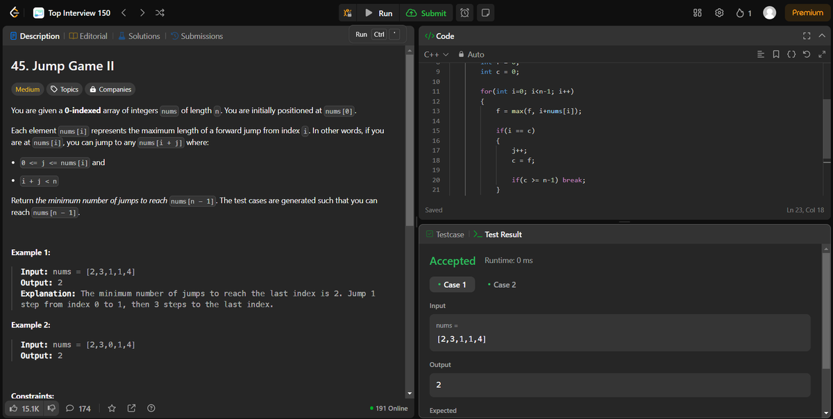 arav_mahind's tweet image. #Day17 of #30daysProductivityChallenge   

-- 📍Solved array related questions  
-- 💻Leetcode 
    - 45. Jump Game II 
    - 1684. Count the Number of Consistent Strings 
    - 2235. Add Two Integers 

#buildinpublic #DSA #LeetCode #problemsolving