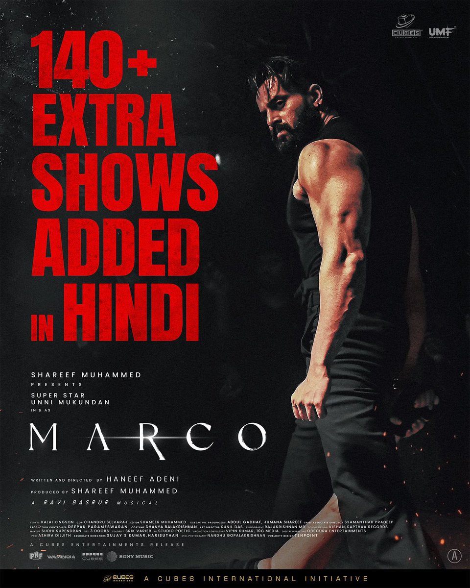 140 Screens Added for #MarcoMovie in Hindi.
<a href="/iamunnimukundan/">Unni Mukundan</a>  #ShareefMuhammed  <a href="/haneef_adeni/">Haneef Adeni</a> <a href="/RaviBasrur/">Ravi Basrur</a>  <a href="/Kabirduhansingh/">Kabir Duhan Singh</a>
 <a href="/realyukti/">Yukti Thareja</a>