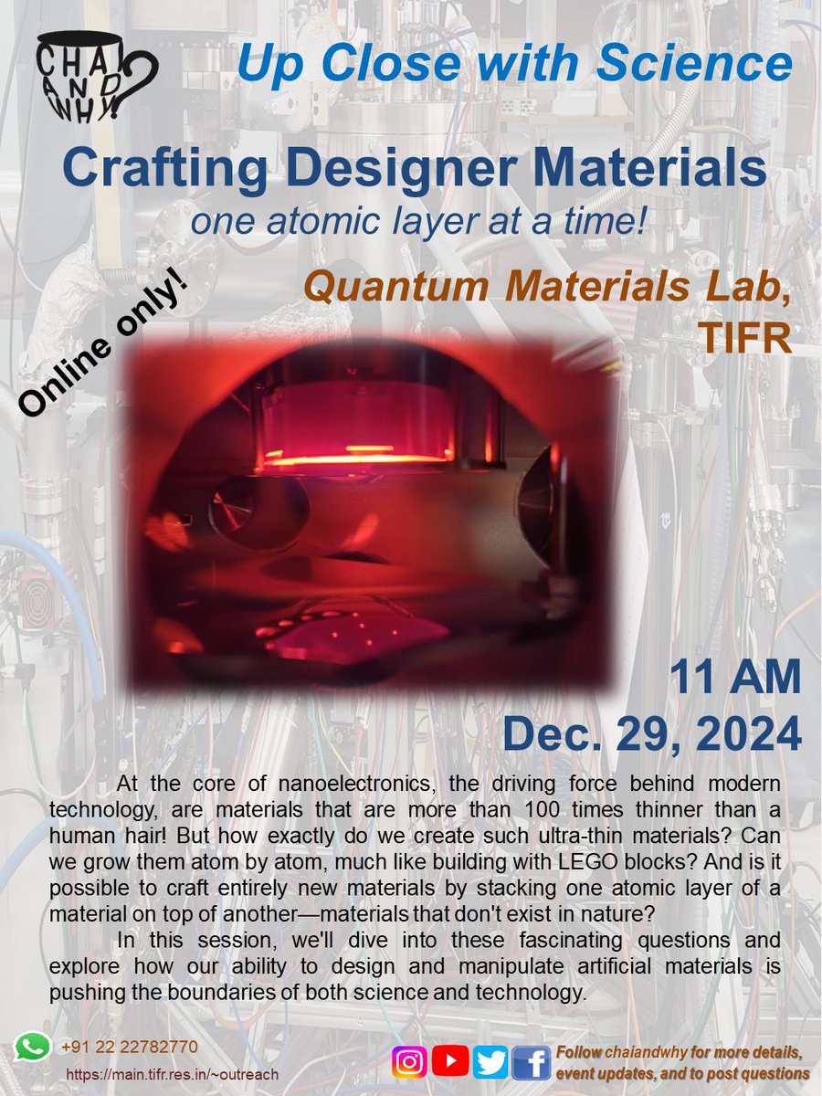 Shouvik Chatterjee (@shouvikvibes) on Twitter photo Join us for a live Chai and Why session Dec 29 (Sun) 11 AM! We'll show how we spend Many Boring Evenings (MBE) in our quantum materials lab <a href="/TIFRScience/">Tata Institute of Fundamental Research</a>, crafting materials atom by atom with molecular-beam epitaxy (MBE).
Watch live: youtube.com/live/l1o2RGrb_…
<a href="/TifrArnab/">Arnab Bhattacharya</a> <a href="/chaiandwhy/">Chai and Why?</a> Join us for a live Chai and Why session Dec 29 (Sun) 11 AM! We'll show how we spend Many Boring Evenings (MBE) in our quantum materials lab <a href="/TIFRScience/">Tata Institute of Fundamental Research</a>, crafting materials atom by atom with molecular-beam epitaxy (MBE).
Watch live: youtube.com/live/l1o2RGrb_…
<a href="/TifrArnab/">Arnab Bhattacharya</a> <a href="/chaiandwhy/">Chai and Why?</a>