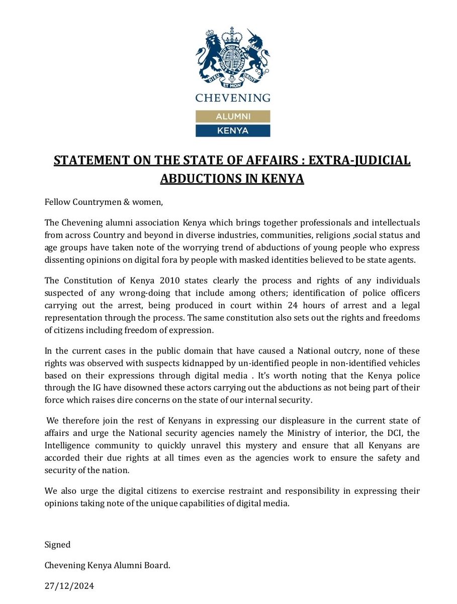 Chevening Alumni Network Kenya (@chevkenya) on Twitter photo The #CheveningAlumni Kenya join the rest of Kenyans in condemning the ongoing extra-judicial abductions.
<a href="/localhost_ke/">Triple O.</a> <a href="/SenatorEric/">Eric M Njoroge</a> <a href="/UKinKenya/">UK in Kenya 🇬🇧🇰🇪</a> <a href="/CheveningFCDO/">Chevening Awards🇬🇧</a> <a href="/tujuotieno/">Arch.Tuju Otieno(CPM)</a> <a href="/citizentvkenya/">Citizen TV Kenya</a> The #CheveningAlumni Kenya join the rest of Kenyans in condemning the ongoing extra-judicial abductions.
<a href="/localhost_ke/">Triple O.</a> <a href="/SenatorEric/">Eric M Njoroge</a> <a href="/UKinKenya/">UK in Kenya 🇬🇧🇰🇪</a> <a href="/CheveningFCDO/">Chevening Awards🇬🇧</a> <a href="/tujuotieno/">Arch.Tuju Otieno(CPM)</a> <a href="/citizentvkenya/">Citizen TV Kenya</a>