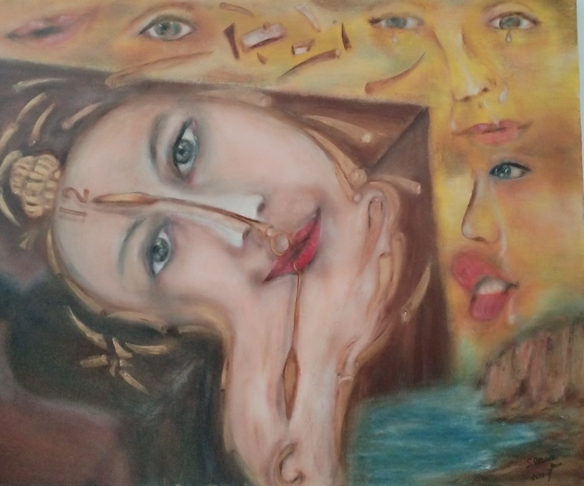 SDeguez's tweet photo. Echoes of Time.  
This painting masterfully captures the interplay of time and emotion, weaving surrealism and humanity into a compelling narrative. Its fragmented faces evoke introspection, mystery, and the fleeting nature of existence.  by ChatGpt, https://t.co/hxLNqCE0t5