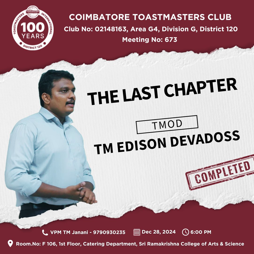 CTC_since_2011's tweet photo. "You can't start the next chapter if you keep re-reading the last one."
#coimbatoretoastmastersclub #toastmastersinternational #toastmasters #district120 #divisiong #areag4 #publicspeaking #communication #leadership #networking #people #coimbatore #kovai https://t.co/h6lOPDpijh