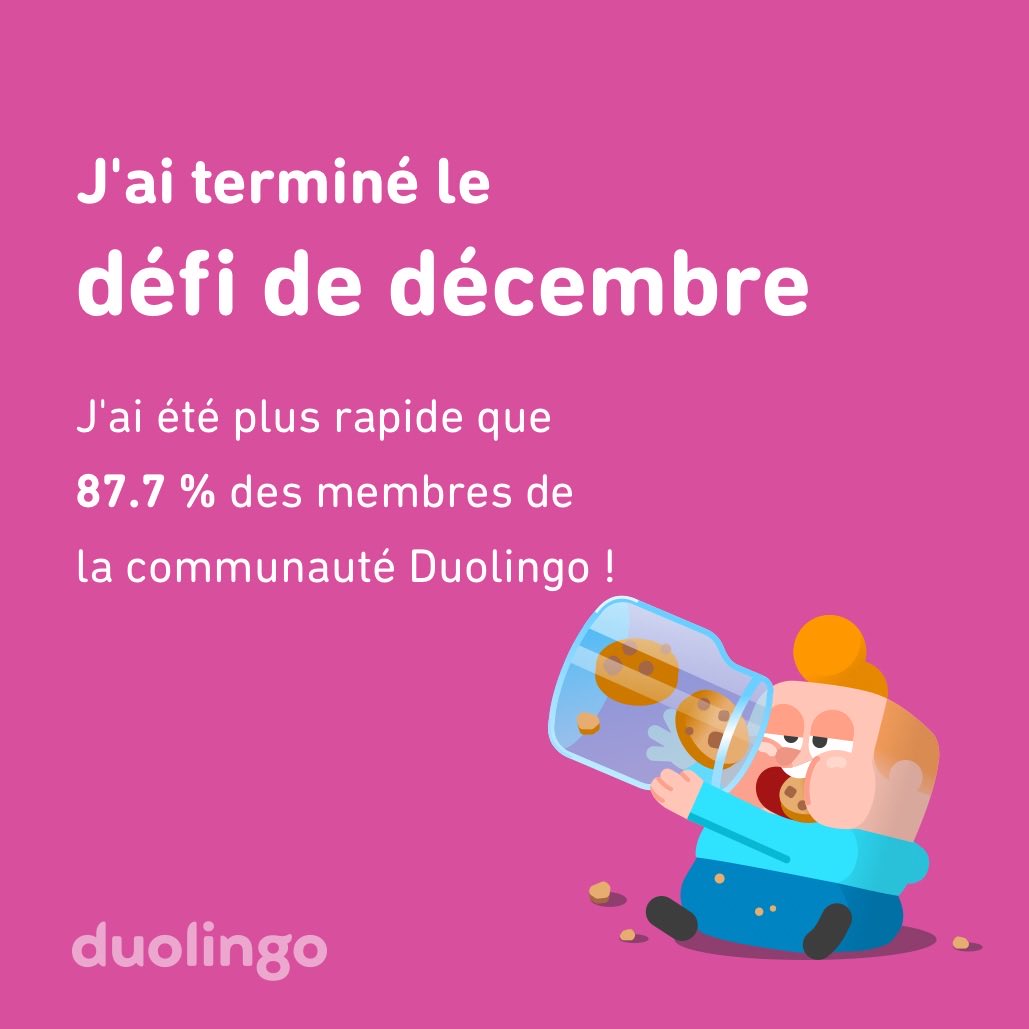 J'ai terminé le défi de décembre plus vite que 87.7 % des membres de la communauté Duolingo !