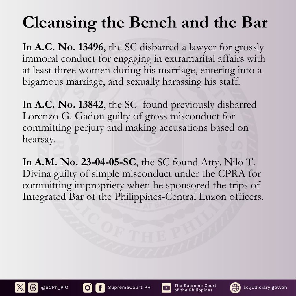 In 2024,* the Supreme Court (SC) disposed of 4,294 cases.

The following are some of the notable SC rulings in 2024 penalizing erring judges, lawyers, and court personnel as part of the SC’s efforts to cleanse the Bench and the Bar.

For the complete list of significant SC