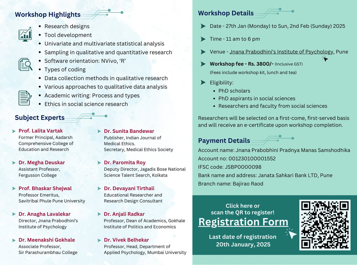 We are pleased to announce that Jnana Prabodhini’s Institute of Psychology will be conducting a seven-day workshop on Qualitative and Quantitative Research in Social Sciences. Kindly go through brochure for detailed information
Link for Registration is : lnkd.in/dDDJHv59