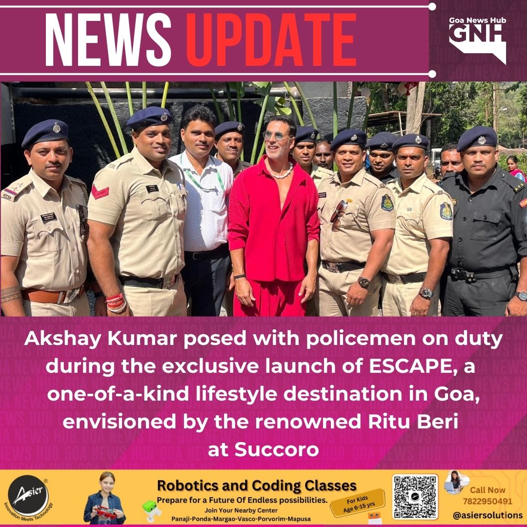 goanewshub's tweet photo. Akshay Kumar posed with policemen on duty during the exclusive launch of ESCAPE, a one-of-a-kind lifestyle destination in Goa, envisioned by the renowned Ritu Beri at Succoro. 
#AkshayKumar #ESCAPE #Goa #RituBeri #LifestyleDestination #ExclusiveLaunch #Policemen #Succoro #TrendingEvent