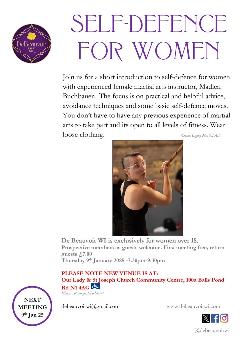 Our New Year Jan 9th meeting is about self-defence moves and advice. 19.30 at our new meeting venue on Balls Pond Road, details below.