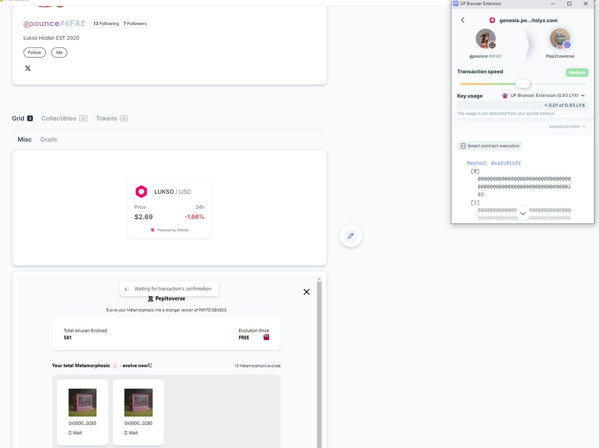 Casually minting a few <a href="/pepitolyx/">PEPITO</a> from my <a href="/ERC725Account/">Universal Profiles</a> GRID while keeping an eye on the <a href="/lukso_io/">LUKSO</a> price thanks to <a href="/defolio42/">Defolio</a>
