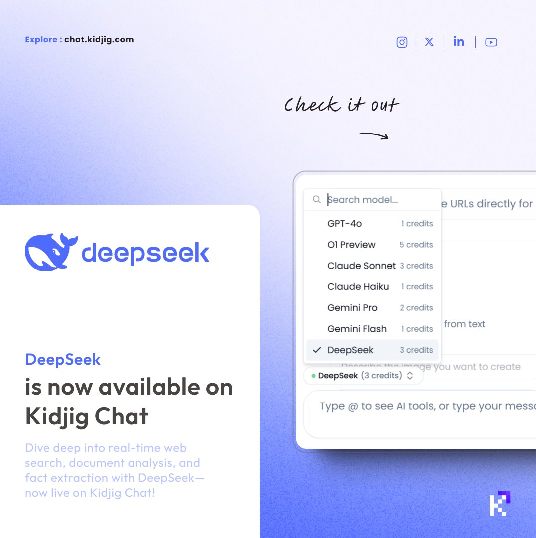 kidjigtech's tweet image. 🎉 DeepSeek is Here!

Dive deep into real-time web search, document analysis, and fact extraction with @deepseek_ai  live on Kidjig Chat!

⚡ Services it provides:

Web Search: Get instant, accurate info from the web.
Document Insights: Analyze PDFs and text like a pro.
Fact…