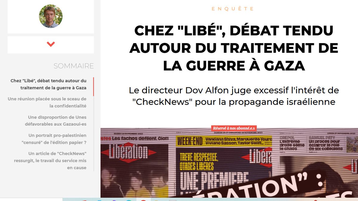 Il faut dire les choses. Il y a un grave problème dans le traitement journalistique de la guerre menée à Gaza par l'armée israélienne dans le journal <a href="/libe/">Libération</a> 

<a href="/lorisguemart/">Loris Guémart</a> l'a écrit dès janvier 2024 dans cette enquête pour <a href="/arretsurimages/">Arrêt sur images</a> 

Lisez-la !

arretsurimages.net/articles/chez-…