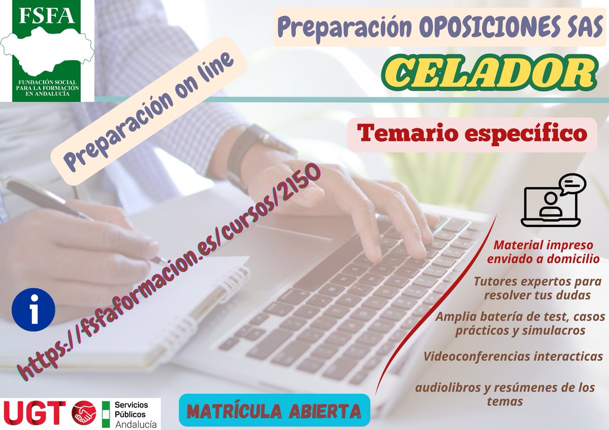 FSFAformacion's tweet photo. Prepárate para las Oposiciones SAS como CELADOR/A con nuestra formación online PREPARACIÓN YA INICIADA. (Consulta la oferta) #celador #FSFA #UGT #teleformación #OEP #SASToda la INFO y matriculación en: https://t.co/8vrd3KzmdZ https://t.co/72AHUo0fvy