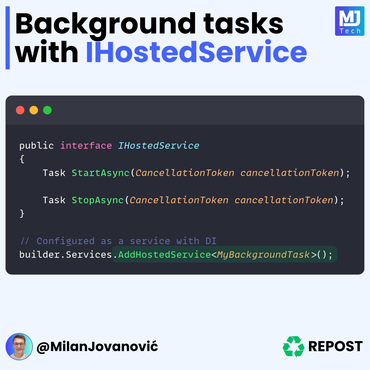 The simplest way to run background tasks in .NET?

You can use the IHostedService interface.

The interface only has two methods for starting and stopping the service.

To run the hosted service, register it with DI, which will run when the application starts.

You can use this