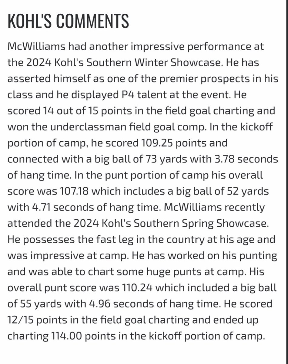 After the kohls southern winter showcase I am grateful to be number  1 punter and number 2 kicker for my class 
<a href="/KohlsKicking/">Kohl's Kicking Camps</a> <a href="/CoachGiugliano/">Anthony Giugliano</a>
