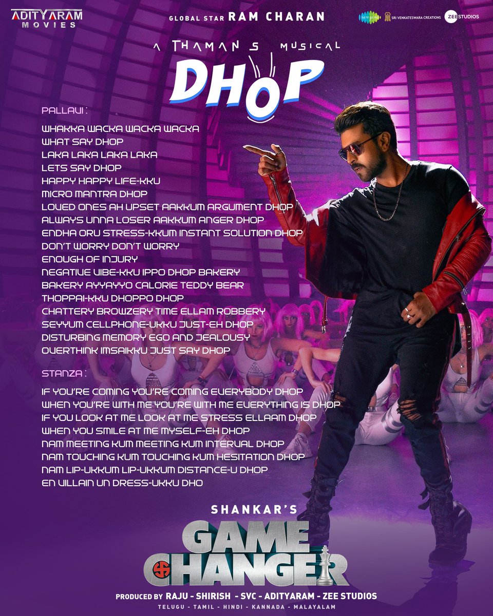 GameChangerOffl's tweet image. #Dhop along with the high octane energy 💥💥

Here’s the lyrics sheet of the trending #Dhop

#DhopSong
🔗 bit.ly/3P9xQBA

A @MusicThaman 's Electrifying Beat 🎶

Sung by @RoshiniJkv @TheRajaKumari @AditiShankarofl @SruthiSings #Prudhvi 🎤

Lyrics "SaraswathiPuthra"