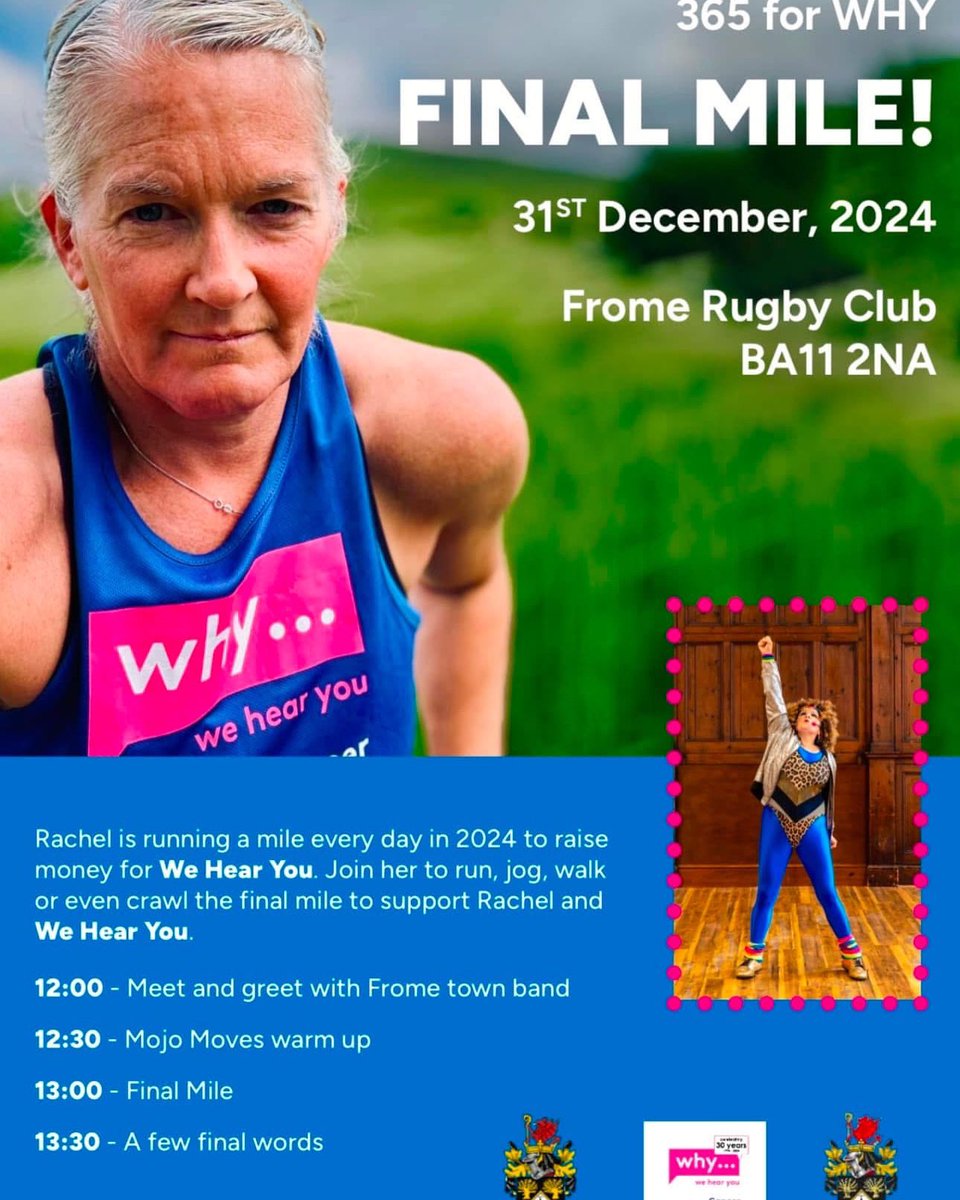 Supporting Rachel in her last mile for #WHY <a href="/FromeRFC/">Frome RFC</a> we are playing from 12pm 🎺🎵🎶🏃‍♀️🙏🏻 please share far and wide