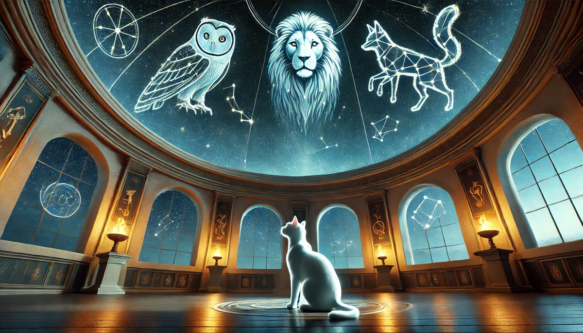 RegalPawsX's tweet photo. ✨ The Constellation Choice ✨
The cat steps into the Celestial Observatory, its pawsteps echoing softly. Above, the domed ceiling sparkles with thousands of stars, slowly shifting to form three glowing constellations, each radiating a unique energy:
1️⃣ The Lion’s Roar: A fierce and radiant constellation, promising strength and courage.
2️⃣ The Owl’s Wisdom: A serene constellation, glowing with the promise of knowledge and clarity.
3️⃣ The Fox’s Cunning: A sly constellation, twinkling mischievously with secrets and clever paths.

A gentle voice resonates:
"Choose your guide, and let the stars chart your journey."
The constellations shimmer and shift, casting trails of light across the observatory. The cat raises its eyes, tail flicking thoughtfully.