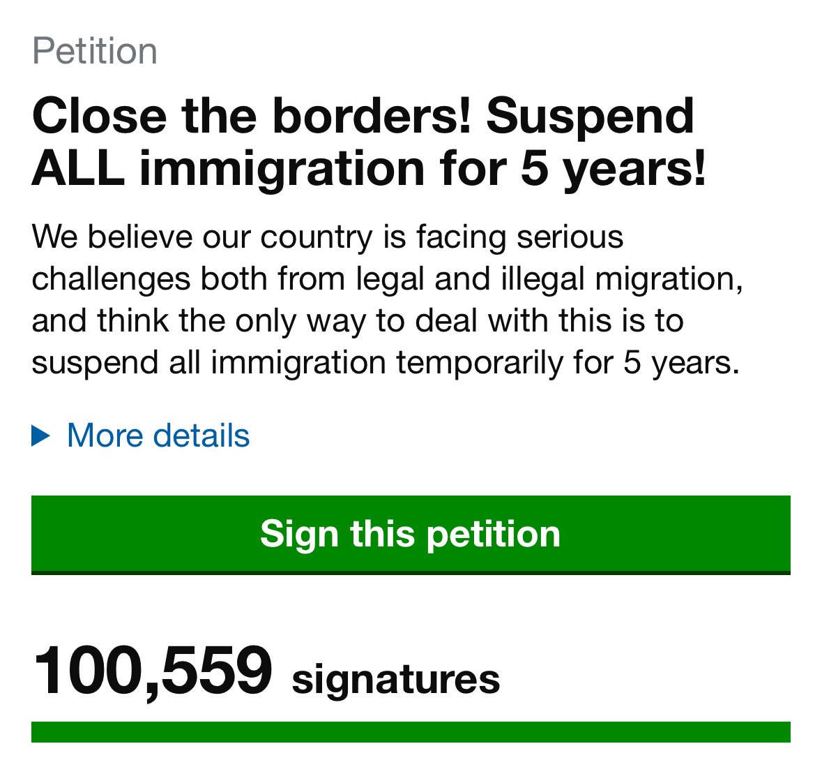 NotFarLeftAtAll's tweet photo. 100,000 signatures now !! 

Close the borders! Suspend ALL immigration for 5 years!

https://t.co/37h8yWiYks https://t.co/NoYtsTNZoR