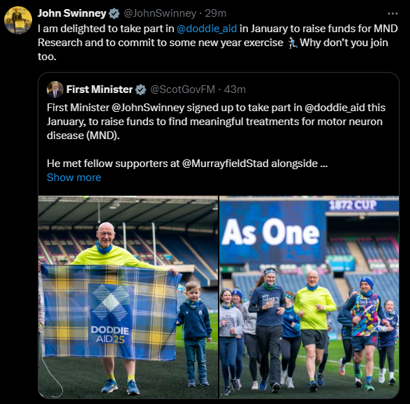 First Minister John Swinney has signed up to take part in Doddie Aid 2025.