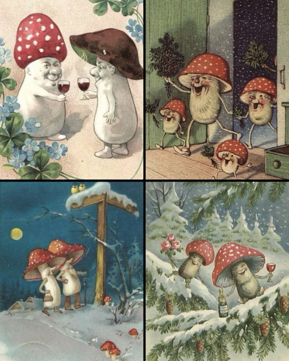Fungi having fun on vintage New Year's cards