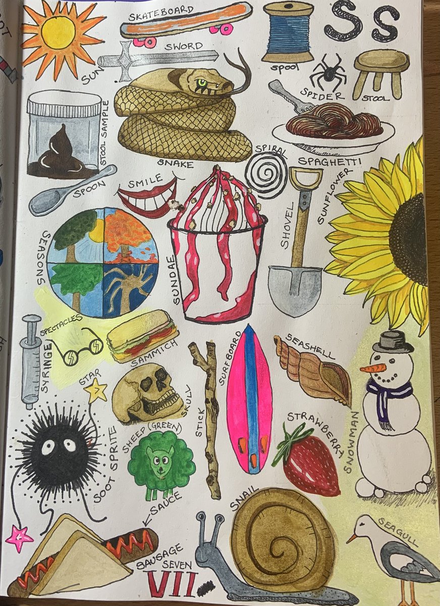 I finished the ‘S’ page in the alphabet sketchbook. What’s your favourite S on the page? Mine is the spaghetti.