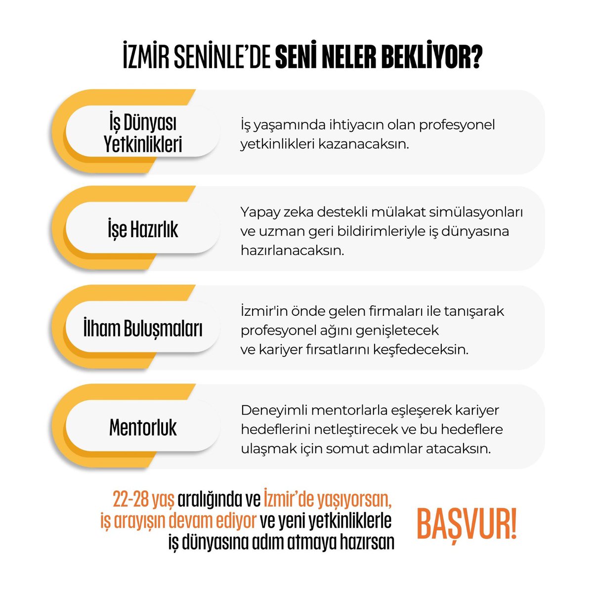 📍Ülkemizde giderek artan genç işsizliğine çözüm üretmek için çalışıyoruz.

⚡️"İzmir Seninle" programı ile 22-28 yaş aralığındaki lisans mezunu gençlerin istihdama katılması için gençlerle bir yolculuğa çıkıyoruz! 

⚡️İş dünyasının senden beklediği yetkinlikleri anlayarak,