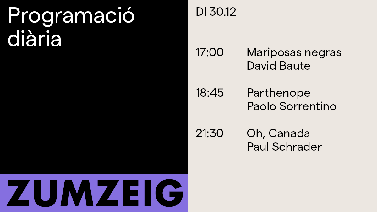 Nova setmana de programació al #Zumzeig per acabar de gaudir les festes!

#MariposasNegras El canvi climàtic afecta en qüestió de segons🦋
#Parthenope Nàpols és més que bellesa 🪬
#OhCanada Un fals documental de records plens de melancolia 📹

🎟️bit.ly/3rBezuG