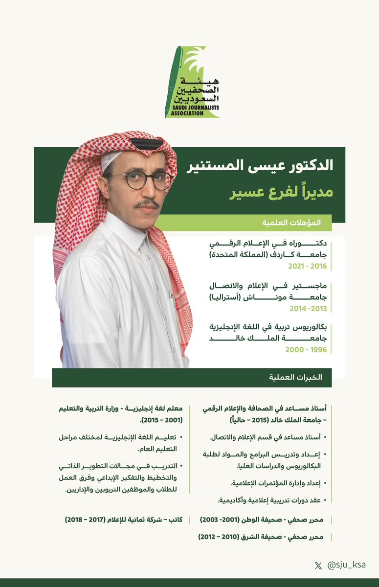 الدكتور عيسى المستنير مديراً لفرع هيئة الصحفيين في عسير.
sju.org.sa/article/825