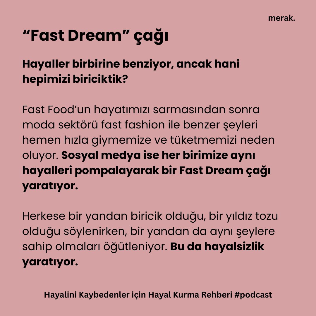 meraklistesi's tweet photo. Hayalsizlik çağındayız. 

Herkes birbirinin aynı hayallerin peşinden kısa süreliğine koşup sonra sosyal medyada gösterilen diğer hayalin peşine koşuyor. 

Kimse de durup ya bu benim hayalim olamaz demiyor… 

Hayal Kurma Rehberi bölümünü muhakkak dinlemelisin! https://t.co/8ENZN64QgO