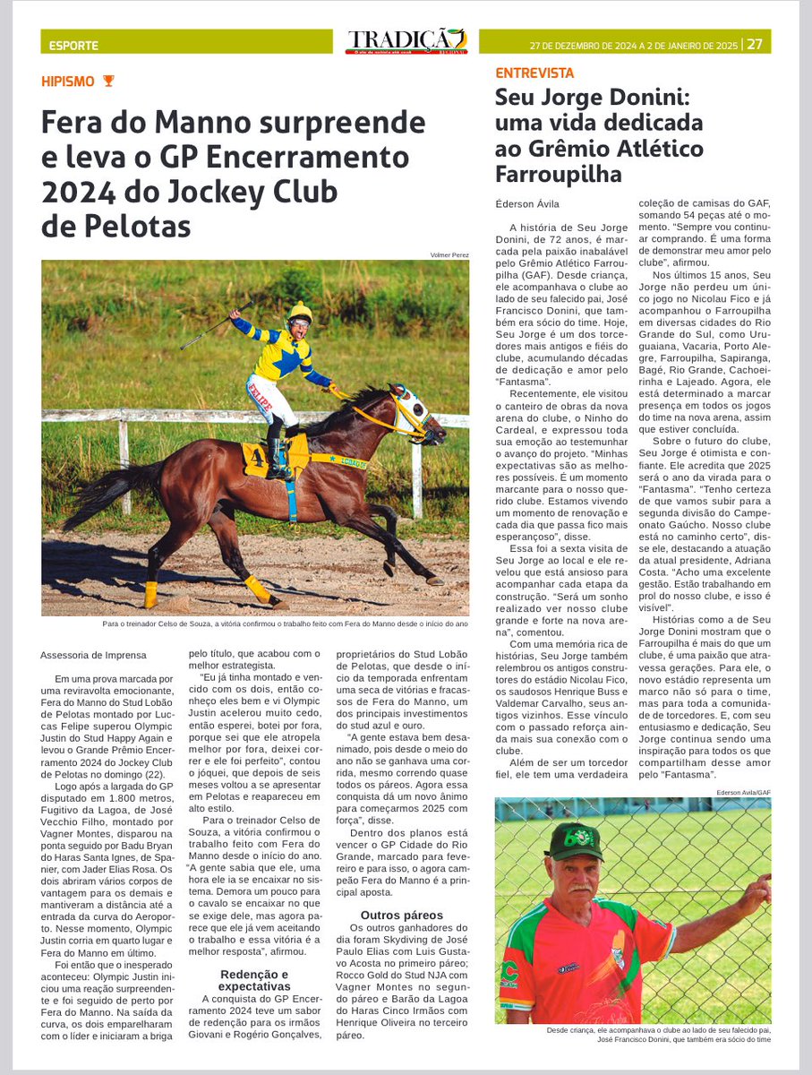 Matéria “seu jorge Donini, uma vida dedicada ao Grêmio Atlético Farroupilha” de minha autoria para o jornal 📰 Tradição.