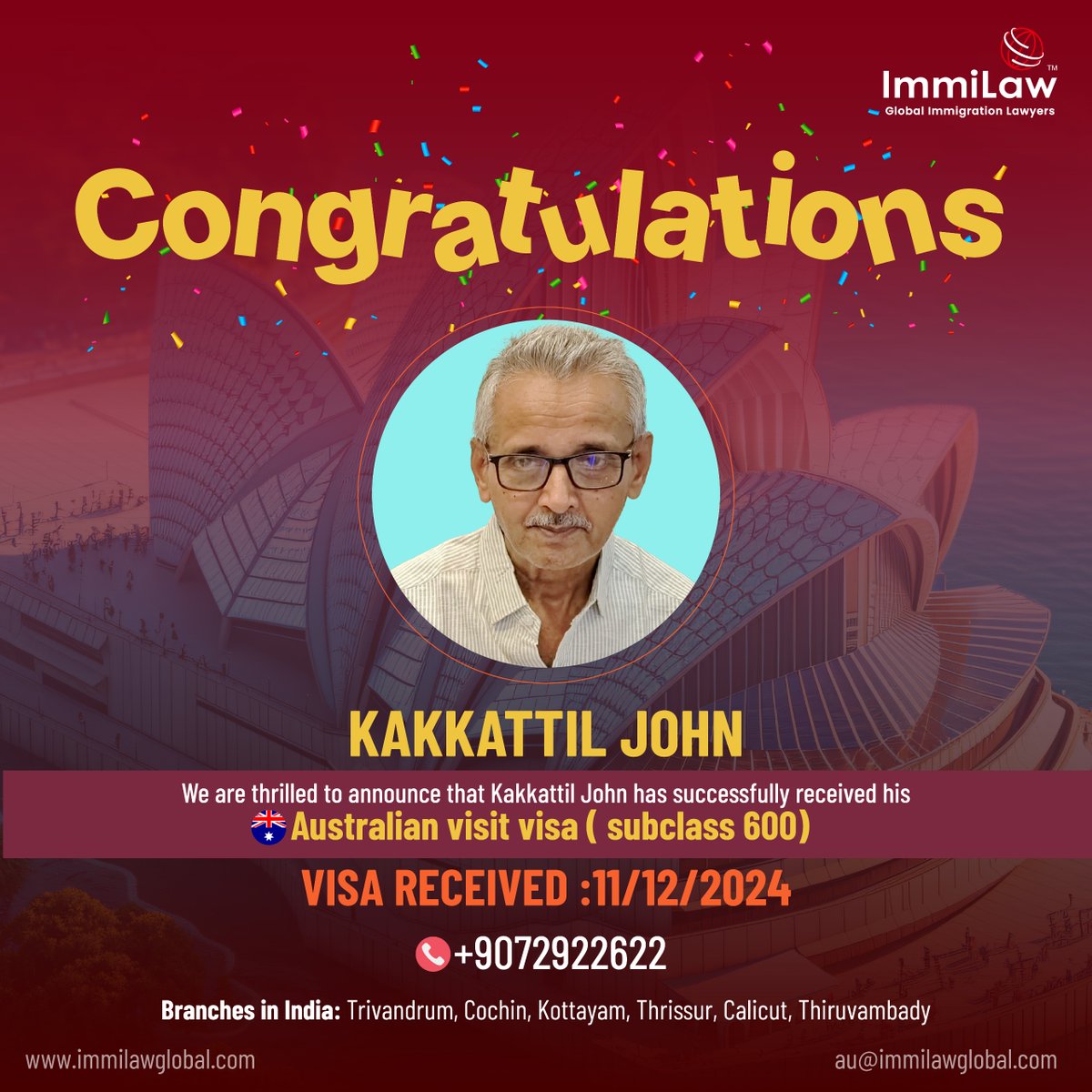 immilawglobal's tweet image. 🎉 Congratulations Kakkattil John! 🎉

We are thrilled to announce that Kakkattil John has successfully received his Australian Visit Visa (Subclass 600)! 🇦🇺✨

Wishing you an incredible journey to Australia! 🌟
#AustraliaVisa #VisitVisa #Subclass600 #VisaApproved #ImmiLawGlobal