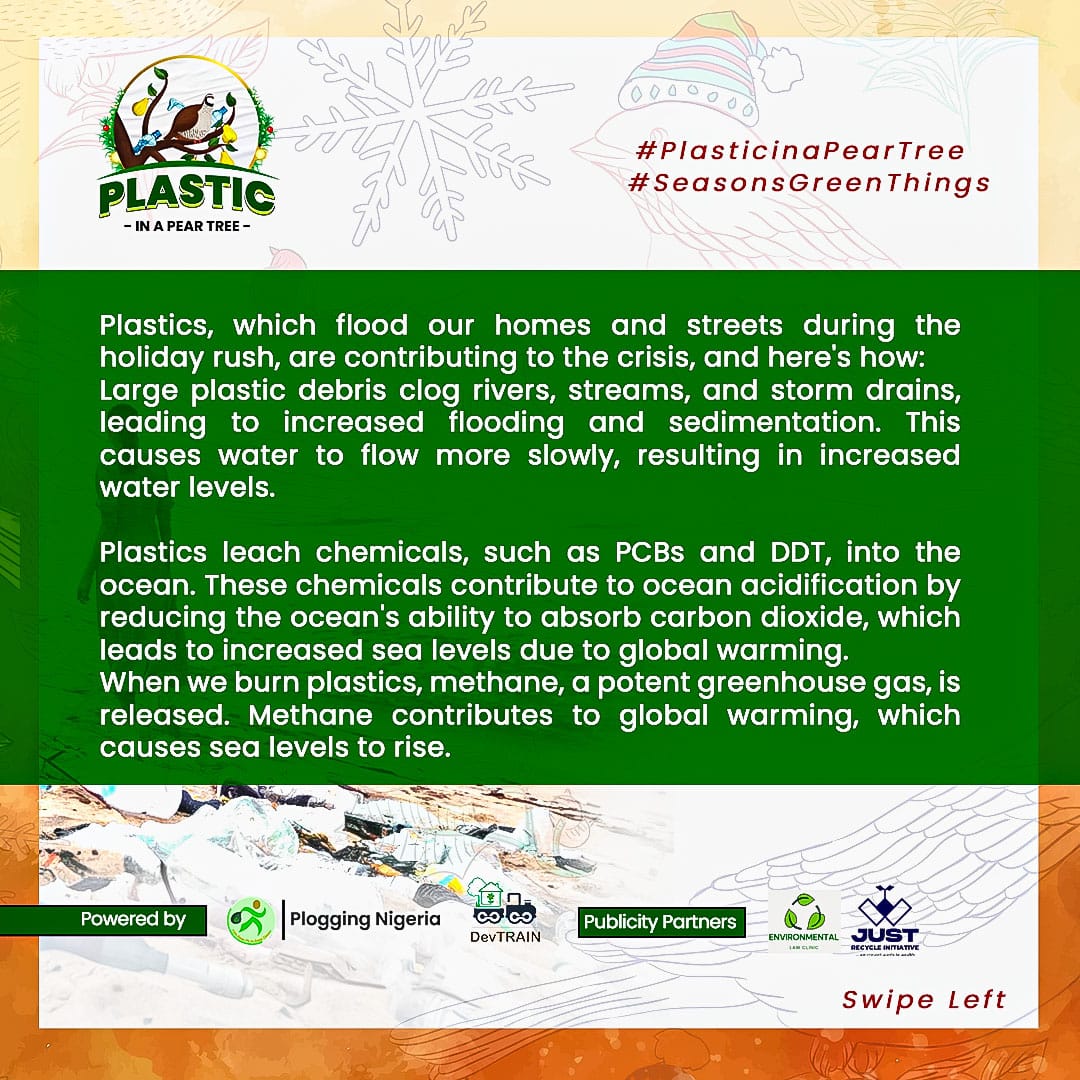 ploggingnigeria's tweet photo. 7️⃣/1️⃣4️⃣
SIX SEAS A-RISING

This holiday season, let’s give the planet a gift by saying no tosingle-use plastics to ensure that future festive seasons are celebrated withoutthe threat of rising seas.

#PlasticInaPearTree
#SeasonsGreenThings
#12DaysOfChristmas
#PloggingNigeria https://t.co/VxEvYSV2my