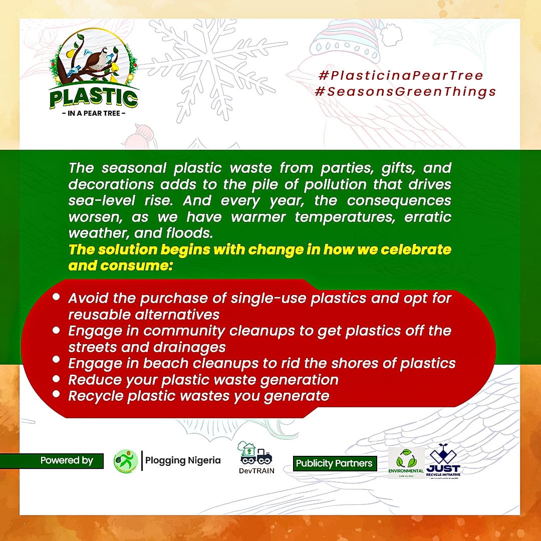 7️⃣/1️⃣4️⃣
SIX SEAS A-RISING

This holiday season, let’s give the planet a gift by saying no tosingle-use plastics to ensure that future festive seasons are celebrated withoutthe threat of rising seas.

#PlasticInaPearTree
#SeasonsGreenThings
#12DaysOfChristmas
#PloggingNigeria