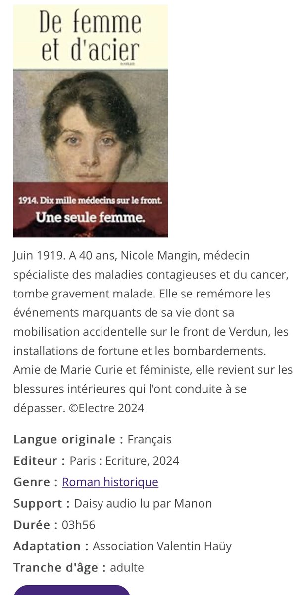 CecileChabaud's tweet photo. Beaucoup d’émotion ce matin, en apprenant que mon roman « De Femme et d’Acier » est disponible à la médiathèque @ValentinHauy et que mes amis aveugles et malvoyants peuvent écouter l’histoire de Nicole, disponible dans une version audio de près de quatre heures. ❤️ https://t.co/rKAlqdvmhZ