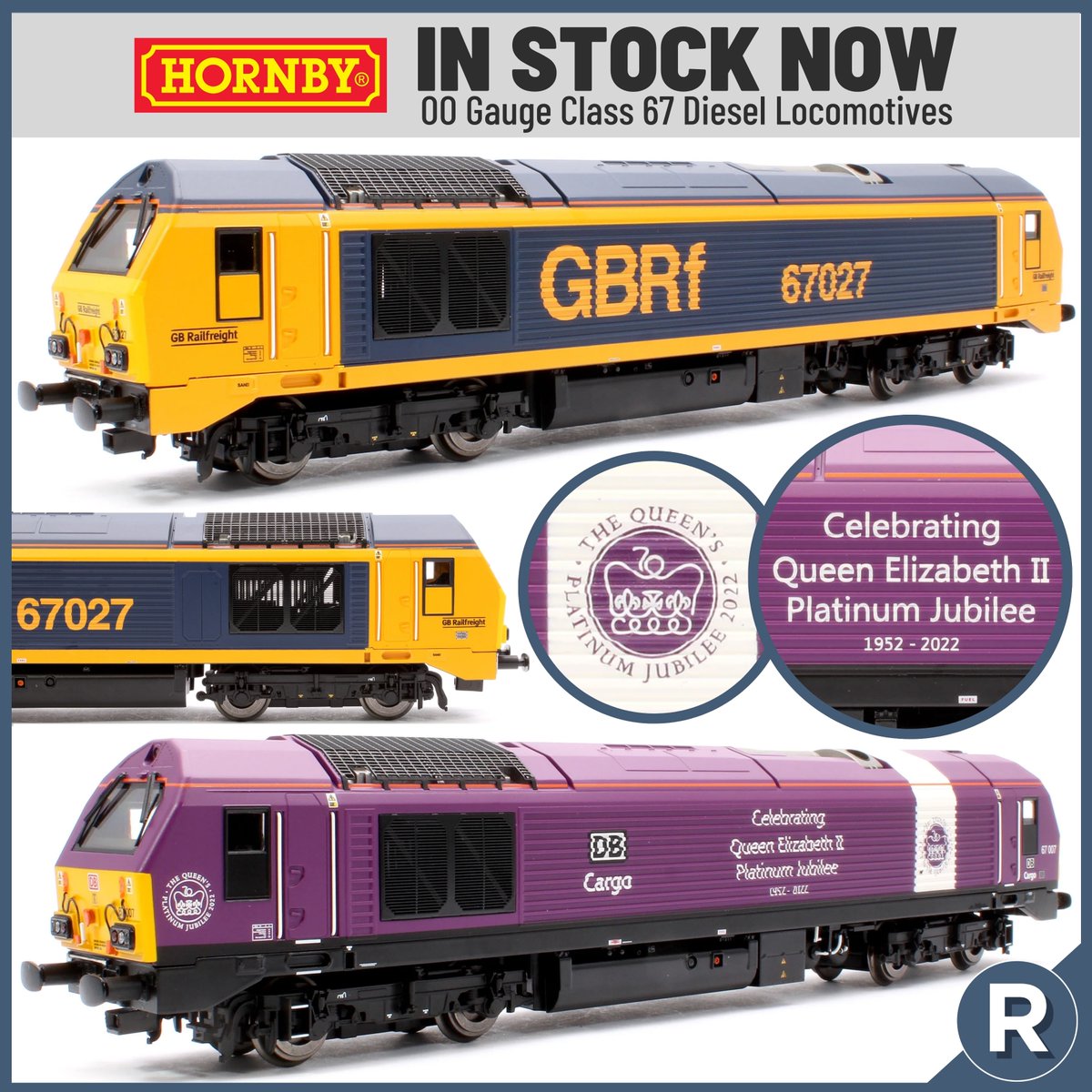 railssheffield's tweet photo. 🚆 Two new OO Gauge Class 67 locomotives have just arrived in stock from Hornby! Both of these are new liveries never seen before in the range - GBRf blue/ orange and DB Cargo 'Platinum Jubilee' purple. Shop now for £193.49 each: https://t.co/0aSFl0HgzD https://t.co/KCYLoWSPEf