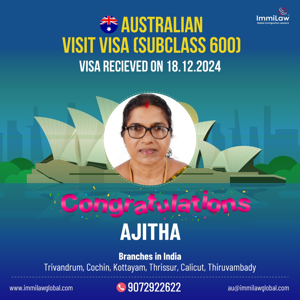 immilawglobal's tweet image. 🎉 Congratulations Ajitha! 🎉

We are thrilled to announce that Ajitha has successfully received her Australian Visit Visa (Subclass 600)! 🇦🇺✨

Visa Received On: 18/12/2024
Wishing you an amazing journey to Australia! 🌟

#AustraliaVisa #VisitVisa #Subclass600 #VisaApproved