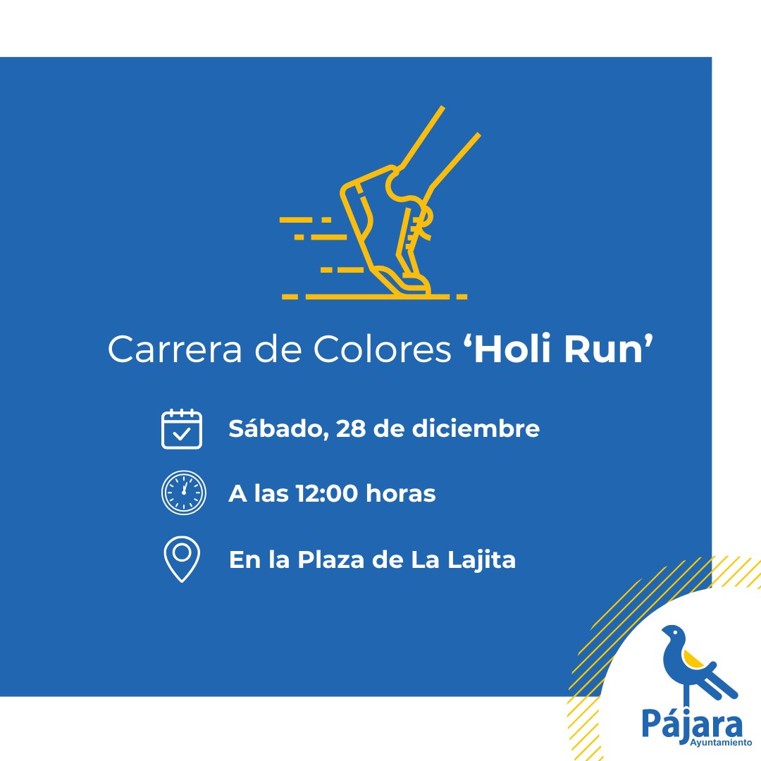 aytopajara's tweet photo. Prepárate para vivir una explosión de color, música y alegría en la Carrera de Colores 'Holi Run', que se celebra hoy sábado. 

🏃🏻‍♀️Carrera no competitiva (de 1.000 a 3.000 metros)
🎶 Fiesta de color con música en vivo
📌 Lugar: La Lajita
⏰ Hora: 12:00 h

#HoliRun https://t.co/bXFpYVzbZv