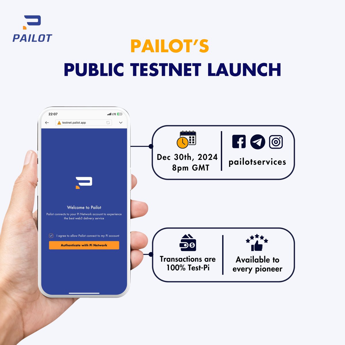 PailotServices's tweet photo. We are so excited to announce that Pailot’s Public Testnet will be launched on Monday, December 30, 2024, at 00:00 PST (midnight, California Time).
All global pioneers will then have access to test out our app’s functionalities.
#PiNetwork https://t.co/g6ORGdMLVu