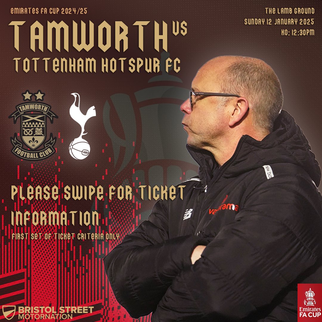 tamworthfc's tweet image. 🎟️ 𝗙𝗔 𝗖𝗨𝗣 𝗧𝗛𝗜𝗥𝗗 𝗥𝗢𝗨𝗡𝗗 𝗧𝗜𝗖𝗞𝗘𝗧𝗦 🎟️ 

ℹ️ Please read the above information regarding the first set of criteria for our Emirates FA Cup tie against Tottenham Hotspur FC

#bristolstreetmotornationtamworth | #COYL 🐑⚽️