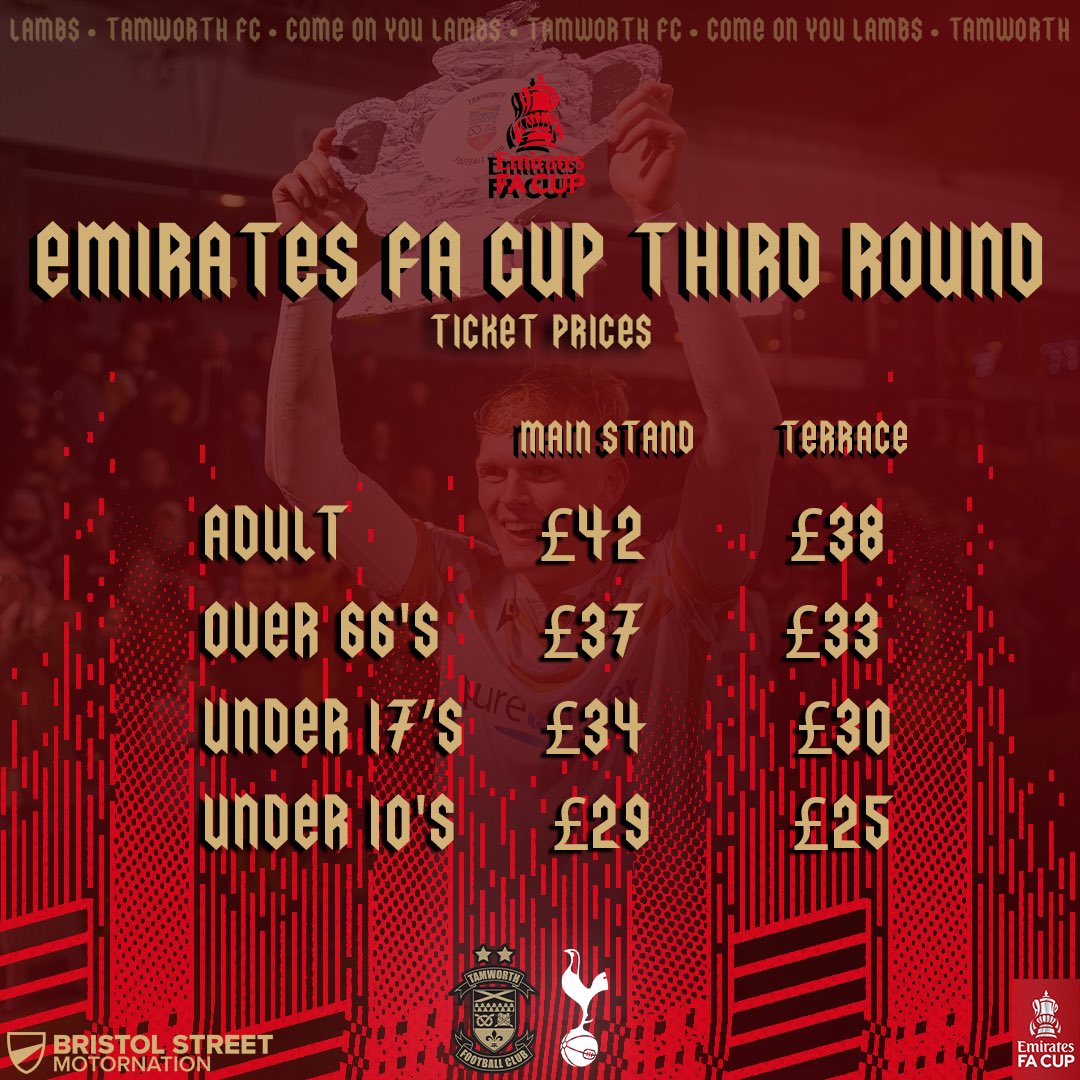 tamworthfc's tweet image. 🎟️ 𝗙𝗔 𝗖𝗨𝗣 𝗧𝗛𝗜𝗥𝗗 𝗥𝗢𝗨𝗡𝗗 𝗧𝗜𝗖𝗞𝗘𝗧𝗦 🎟️ 

ℹ️ Please read the above information regarding the first set of criteria for our Emirates FA Cup tie against Tottenham Hotspur FC

#bristolstreetmotornationtamworth | #COYL 🐑⚽️