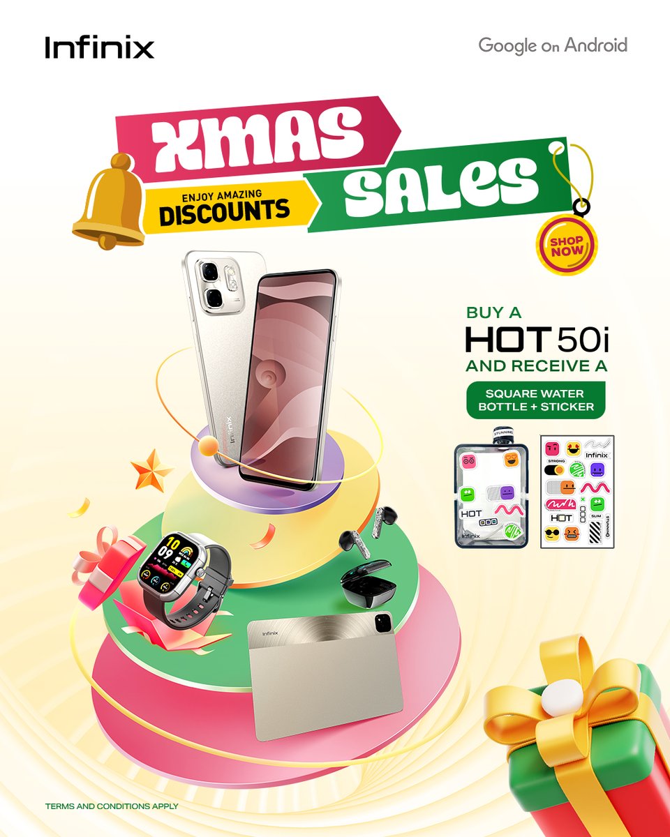 InfinixGhana's tweet photo. Buy any Hot 50 series today and claim your instant gift 🎁🤩 Act fast, limited stock available! 

🚨 Promo ends on 1st January. #XMasWithInfinix  #UltraSlimUltraDurable #Hot50Series https://t.co/PCTnAur3y4