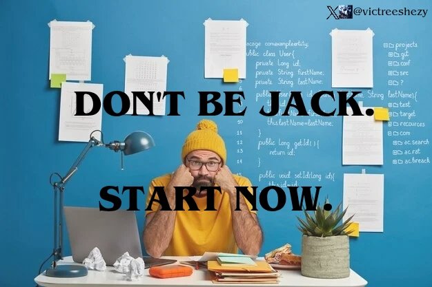 VictreeShezy's tweet photo. I know a guy, Jack.
Jack spent the year bookmarking posts, now his bookmark is like a X account.
Jack's routine- see a post, get inspired, procrastinate, bookmark, forget, REPEAT.😓
I am Jack, you might be Jack.
Don't wait till '25 to change, START NOW.
#Dontbejack #Startnow https://t.co/F1801RQAax