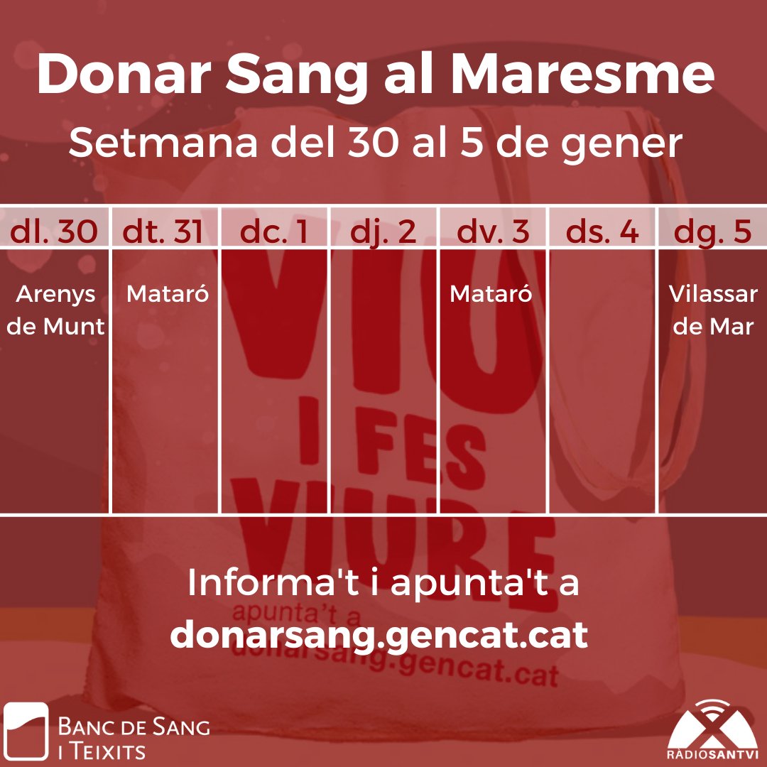 📆 Calendari Setmanal - Donar Sang al Maresme

ℹ️ Informa't i apunta't al web donarsang.gencat.cat