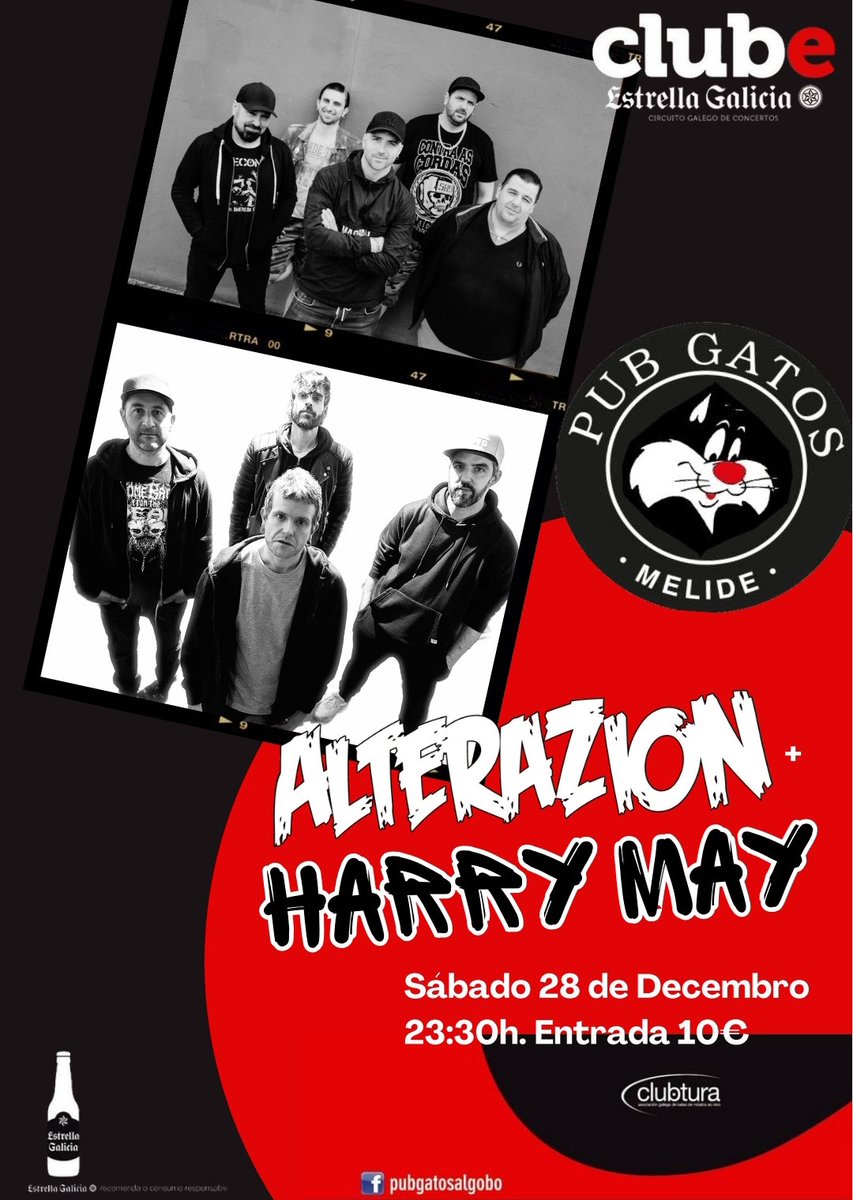 Hoxe sábado imos ás Terras Medias! Xentes de #Melide ! O mítico <a href="/PubGatos/">Pub Gatos</a> acolle hoxe unha noite de guitarrazos grazas a <a href="/estrellagalicia/">Estrella Galicia</a>
@Alterazion e Harry May van atizar duro. A gozalo!
<a href="/ClubturaGalicia/">Clubtura</a> <a href="/gal_concierto/">GALICIAenCONCIERTO</a>