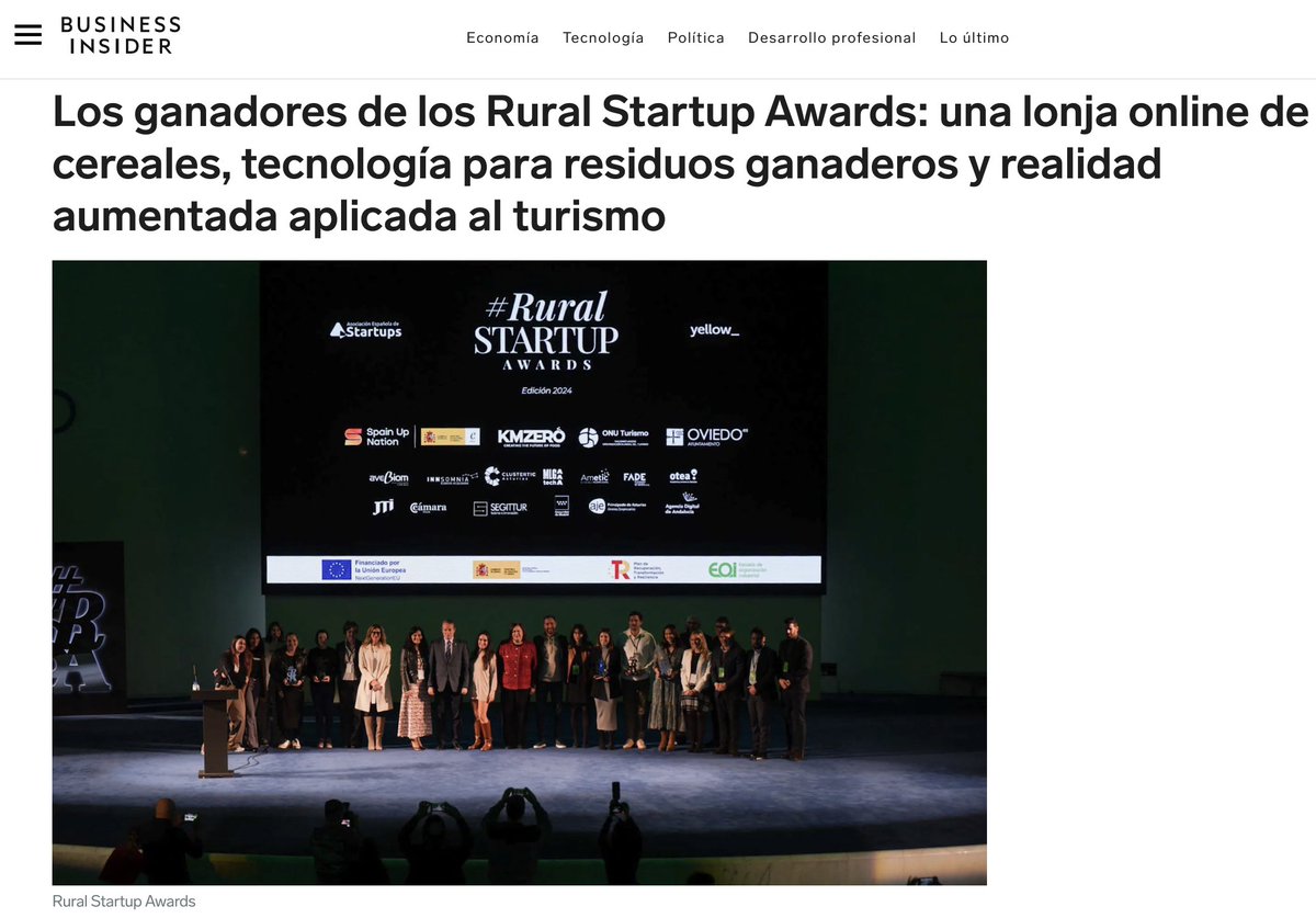 🏆 Conoce a los ganadores de los #RuralStartupAwards:
🟢Abastores: la primera lonja online de cereales.
🟢Agrolinera: gestión de residuos ganaderos.
🟢CultuAR: turismo sostenible con realidad aumentada.
🔗 Descubre más aquí:businessinsider.es/tecnologia/gan…