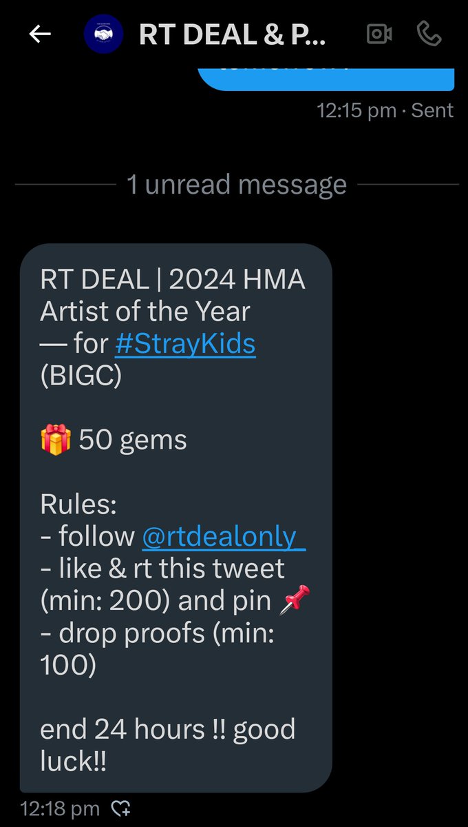RT DEAL | 2024 HMA Artist of the Year
— for #StrayKids (BIGC)

🎁 50 gems

Rules:
- follow @rtdealonly_ 
- like &amp; rt this tweet (min: 200) and pin @rtdealonly_ 📌
- drop proofs (min: 100)

end 24 hours !! good luck!!