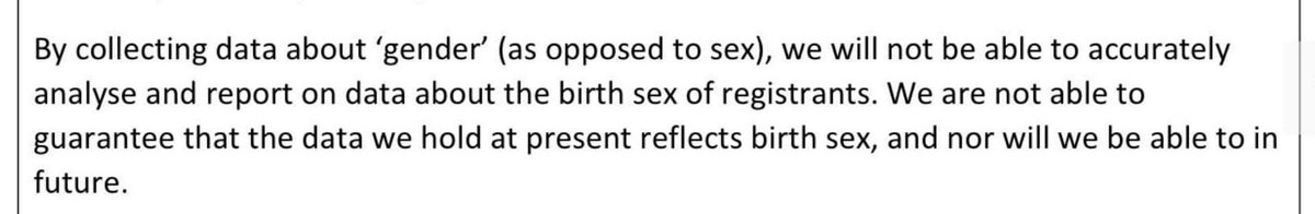 Rebeccasaysno's tweet image. The GMC: ‘By collecting data about ‘gender’ (as opposed to sex), we will not be able to accurately analyse and report on data about the birth sex of [doctors]. We are not able to guarantee that data we hold at present reflects birth sex, and nor will we be able to in the future’