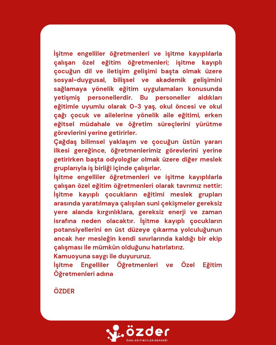 OzderOzel's tweet photo. Kamuoyuna Duyuru
ÖZDER olarak, odyologların işitme yetersizliği olan bireylerin destek eğitiminde "tek ve zorunlu personel" olma taleplerinin bilimsel bir temeli olmadığını ve çocukların üstün yararı ilkesine aykırı olduğunu vurguluyoruz. https://t.co/FtCbPipvm2